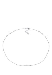 Silberne Kettenhalskette mit kleinen, gleichmäßig verteilten, sphärischen Akzenten und einemverschluss mit Verlängerungslink für eine anpassbare Länge.