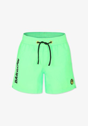 Shorts da nuoto verde neon con cordino nero e occhielli. "BARROW" stampato in nero sul lato sinistro. Patch logo nera sul lato destro.