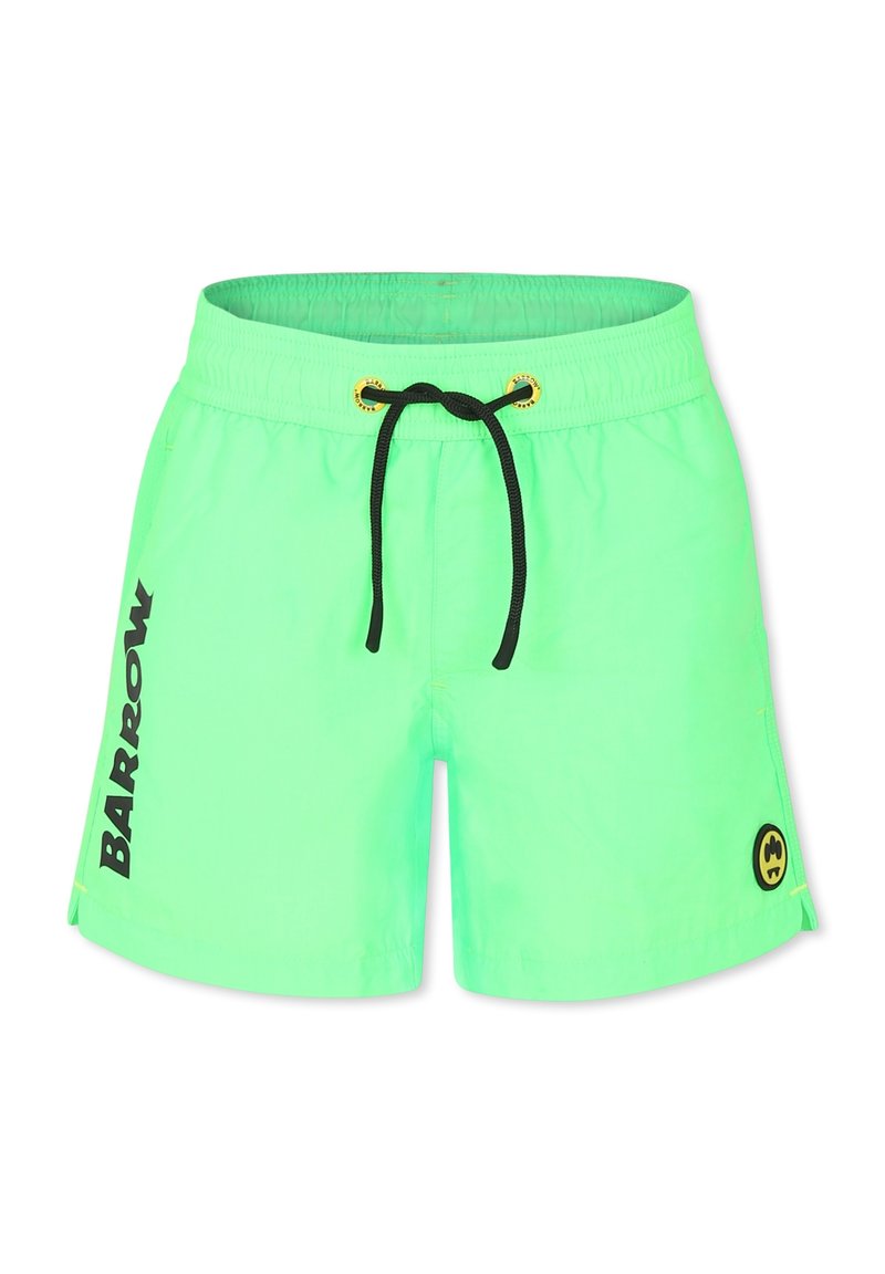 Shorts da nuoto verde neon con cordino nero e occhielli. "BARROW" stampato in nero sul lato sinistro. Patch logo nera sul lato destro.