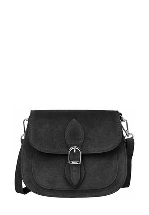 Black suede crossbody bag with a flap closure, decorative leaf-shaped detail, and silver buckle. Features an adjustable strap and a smooth texture.
