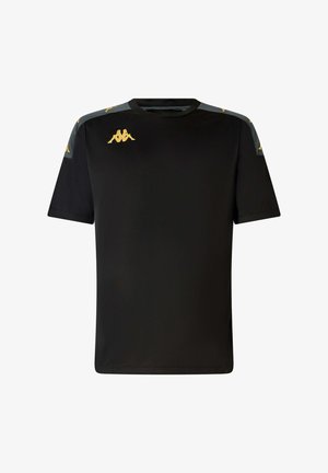 T-shirt noir à manches courtes en tissu lisse. Présente des accents d'épaule gris et un logo doré sur chaque épaule. Design simple à col rond.