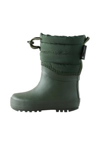 Botte imperméable verte avec une partie inférieure en caoutchouc texturé et une partie supérieure en tissu matelassé et rembourré. Comprend un système de fermeture à cordon et une semelle robuste.