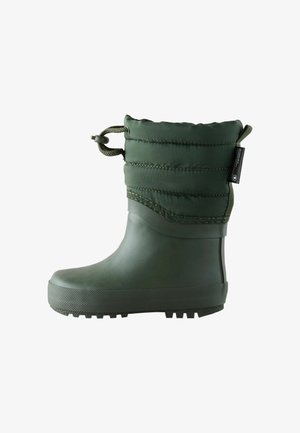 Green waterproof boot with a textured rubber lower section and padded, quilted fabric upper. Features a drawstring closure and rugged sole.