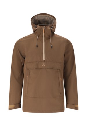 Bruine anorak met capuchon, voorzien van een halve ritssluiting aan de voorkant, verstelbare trekkoordkap, kangoeroezak en klittenbandsluitingen aan de manchetten.