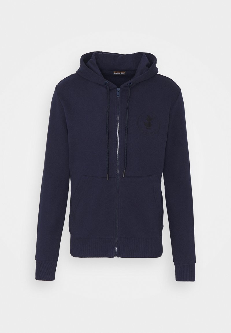 Sweat à capuche bleu marine zippé avec poches avant, capuche avec cordon, poignets et ourlet côtelés, et logo discret de canard sur la poitrine.