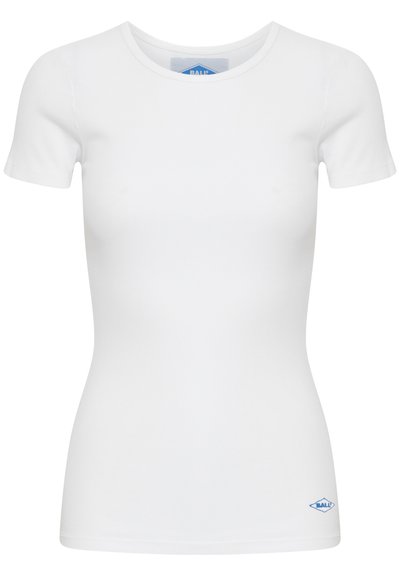 Tricou alb, cu mânecă scurtă, realizat din material cu nervuri. Prezintă un decolteu rotund și un mic patch cu logo albastru pe partea de jos.