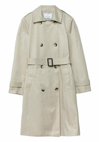 Trench coat beige con cierre de doble botonadura, botones negros, bolsillos laterales y cinturón en la cintura. Presenta un cuello clásico y mangas largas.