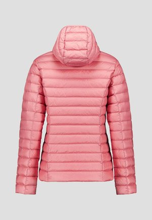 Roze donsjack met capuchon, voorzien van horizontale doorgestikte delen en een gladde, glanzende textuur. Lange mouwen, geen zichtbare sluitingen.