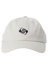 Beige színű pamut baseball sapka, elöl fekete hímzett logóval, ívelt karimával és állítható pánttal a hátán.