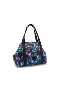Floral-patterned duffle bag in black, featuring teal and purple accents, fabric material, double black straps, and a front zippered pocket.