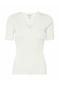 Witte kortekorte mouw ribstof top met een V-hals en een scalloped rand. Gemaakt van een zachte stof, heeft het een aansluitend ontwerp en een gestructureerd oppervlak.