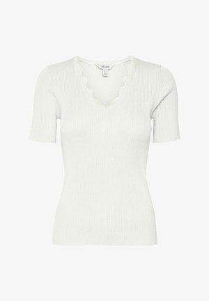 Biała krótka bluzka z prążkowanego materiału z dekoltem w serek, wykończona falbaniastym brzegiem. Wykonana z miękkiego materiału, ma dopasowany krój i teksturowaną powierzchnię.