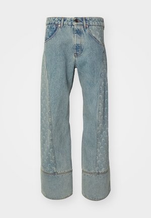 Light blue denim jeans with a wide leg, featuring a patterned side panel and contrasting darker denim cuffs. Classic five-pocket design.