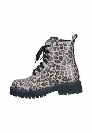 Ankle-high boot with black and gray leopard print, black thick sole, black laces, and a side pull tab for easy wear.