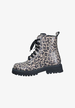 Ankle-high boot with black and gray leopard print, black thick sole, black laces, and a side pull tab for easy wear.