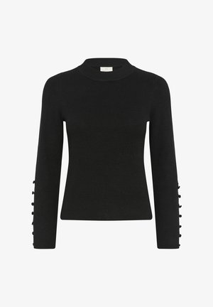 Black ribbed long-sleeve sweater with a high neck and button accents along the cuff. Smooth texture, fitted design.