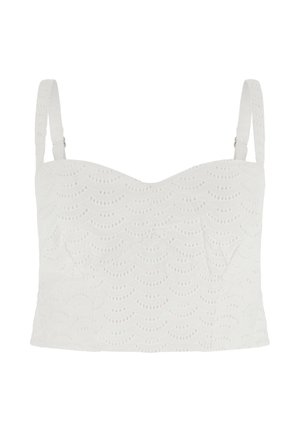 Weißes Spitzen-Crop-Top mit gezacktem Lochmuster und verstellbaren Schulterträgern.