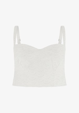 Top corto in pizzo bianco con motivo a occhielli smerlati e spalline regolabili.