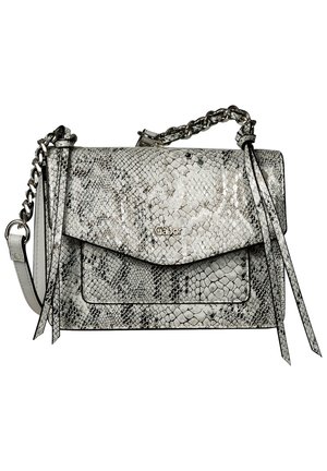 Grey snake-print handbag with a flap closure, chain strap, and fringe accents. Features glossy texture and logo detail on the front.