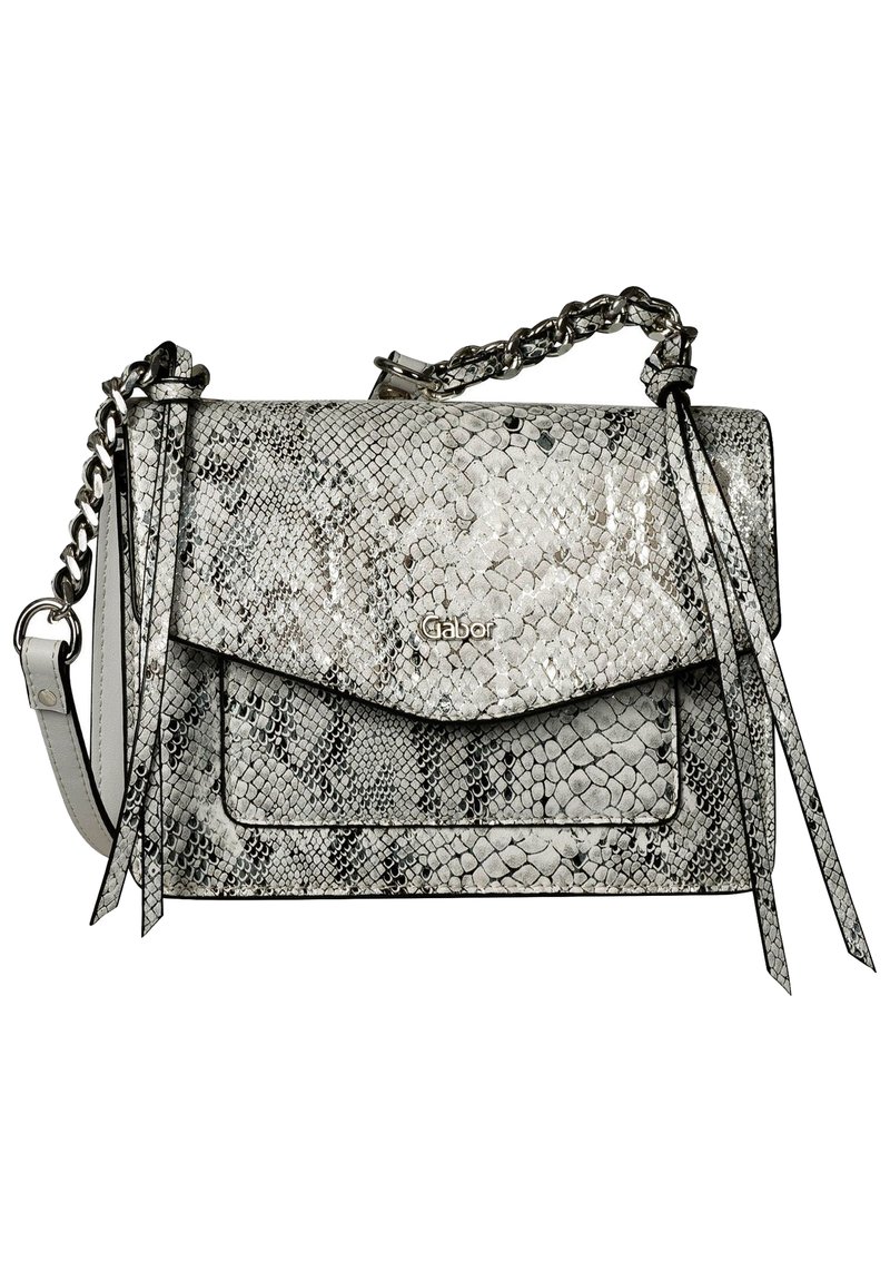 Grey snake-print handbag with a flap closure, chain strap, and fringe accents. Features glossy texture and logo detail on the front.