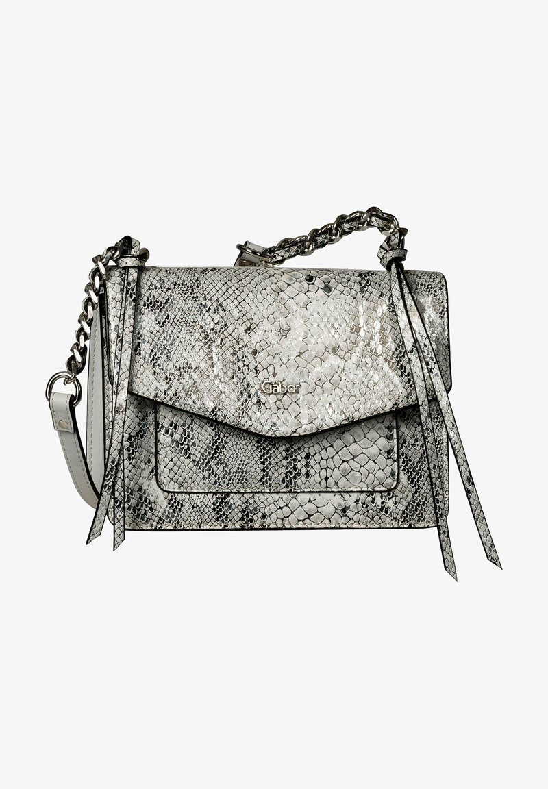 Grey snake-print handbag with a flap closure, chain strap, and fringe accents. Features glossy texture and logo detail on the front.