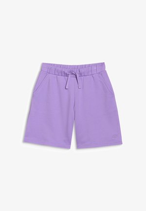 Shorts décontractés violet clair avec taille élastique, cordon, poches latérales et petit logo sur la jambe inférieure droite.