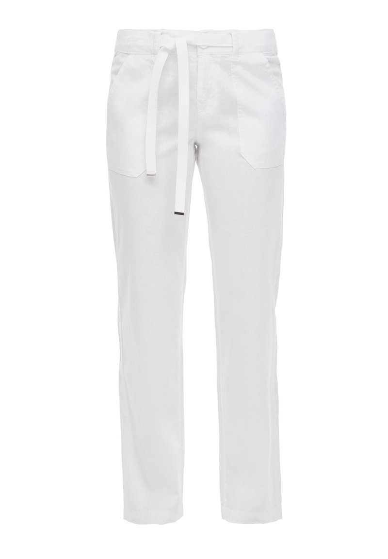 Pantalon en lin blanc avec taille réglable par cordon, deux poches avant et jambes droites. Texture lisse et design léger, idéal pour les temps chauds.