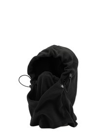 Mustasta fleece-tyylisestä huppuniskasukasta, jossa on säädettävä nyöri. Se on pehmeä ja mukautuu hyvin, tarjoten mukavuutta.