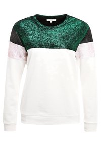 Sudadera tipo pullover con un diseño de panel brillante en verde, negro y rosa; cuerpo blanco; mangas largas; cuello y puños de canalé.