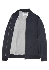 Giacca bomber navy con zip frontale, polsini a coste e fodera grigia. Presenta un'etichetta interna e tasche laterali. Tessuto dalla superficie liscia.