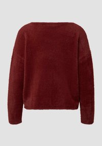 Maglione fluffy bordeaux con un fit rilassato, scollo rotondo e maniche lunghe. Texture morbida con una finitura liscia e dettagli di cucitura minimi.