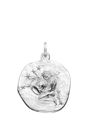 Silver pendant featuring a kneeling figure pouring water from a jug, surrounded by stars, representing the Aquarius zodiac sign.