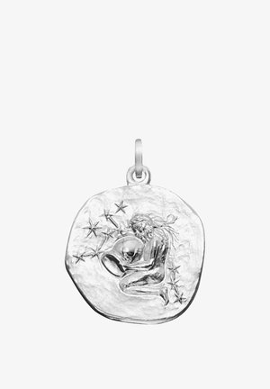 Silver pendant featuring a kneeling figure pouring water from a jug, surrounded by stars, representing the Aquarius zodiac sign.