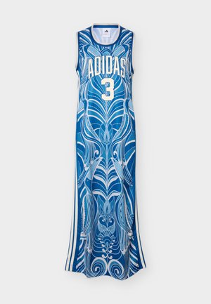 Sinine-valge varrukateta Adidas kleit numbriga 3, abstraktsete sümmeetriliste mustrite ja külgsete triipudega.