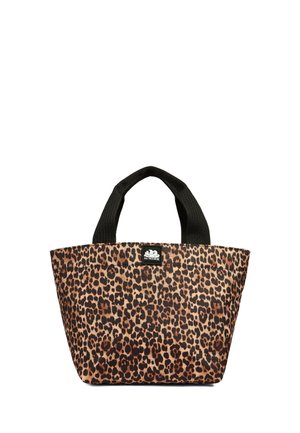 Piccola borsa tote con stampa leopardata marrone e nera, manici neri e toppa con logo Sundek centrata in alto.