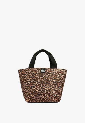 Piccola borsa tote con stampa leopardata marrone e nera, manici neri e toppa con logo Sundek centrata in alto.