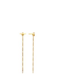 Pendientes de cadena de oro con un sencillo poste rectangular y un diseño de cadena trenzada, que presentan una estética elegante y minimalista.