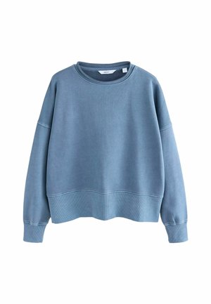 Blue crewneck sweatshirt with long sleeves and ribbed cuffs and hem, displayed on a white background.