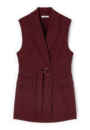 Gilet senza maniche color bordeaux in stile blazer con ampi revers, due tasche con patta e cintura coordinata con fibbia ad anello dorata.