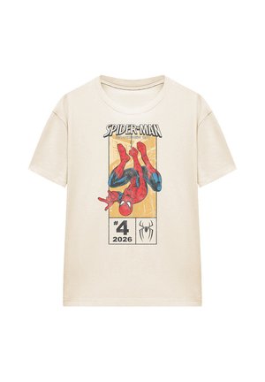 Beige t-shirt with Spider-Man hanging upside down, text "SPIDER-MAN BRAND NEW DAY," and comic-style number "4 2026" with a spider logo.