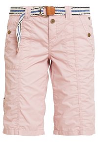 Szorty z mieszanki bawełny w jasnoróżowym kolorze, z paskiem w paski, bocznymi kieszeniami cargo i ozdobnym przeszyciem wzdłuż szwów.
