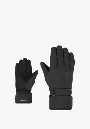 Schwarze Handschuhe mit strukturiertem Griff auf den Handflächen, elastischen Bündchen und einem verstellbaren Riemen. Hergestellt aus wetterbeständigem Material für Wärme.