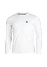 Weißes Langarmshirt mit einem subtilen Texturmuster, Rundhalsausschnitt und kleinem gesticktem Logo auf der Brust. Weicher Stoffmix.