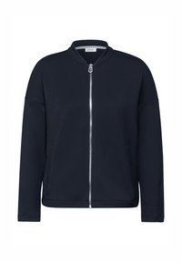 Giacca zip-up blu navy realizzata in un materiale morbido, con colletto alto, maniche lunghe, tasche laterali e zip metallica.