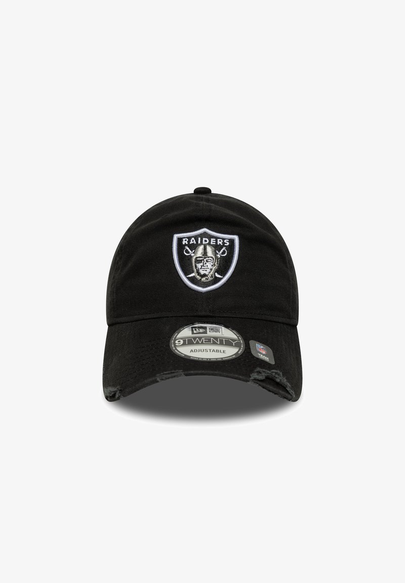 Black adjustable cap with a rounded crown, featuring an embroidered Raiders logo on the front and a distressed visor.