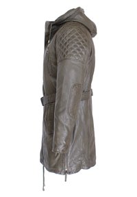 Olivgrön läderjacka med en kviltad axeldesign, huva, sidofickor och midja med bälte. Har en dragkedja och snören i tyg.