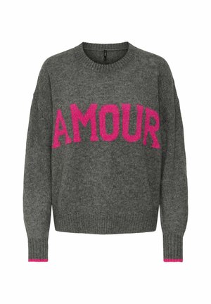 Pilkas mezginys megztinis su rožiniu užrašu "AMOUR" priekyje ir rožiniais akcentais ant rankovių. Apvali kaklo iškirptė ir laisvas siluetas.
