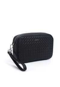 Black woven leather pouch with a rectangular shape, top zipper closure, and a wrist strap. Features a subtle logo detail on the front.
