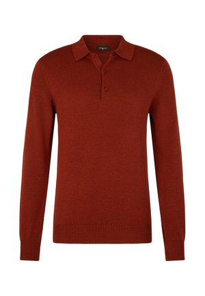 Langärmliges Poloshirt in dunkler Rostfarbe, aus weichem Material. Mit Kragen, dreiknöpfiger Blende und gerippten Bündchen und Saum.