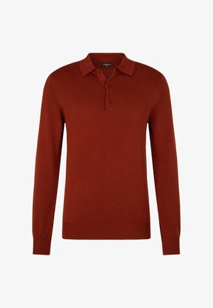 Long-sleeve polo shirt in dark rust color, made of soft fabric. Features a collar, three-button placket, and ribbed cuffs and hem.